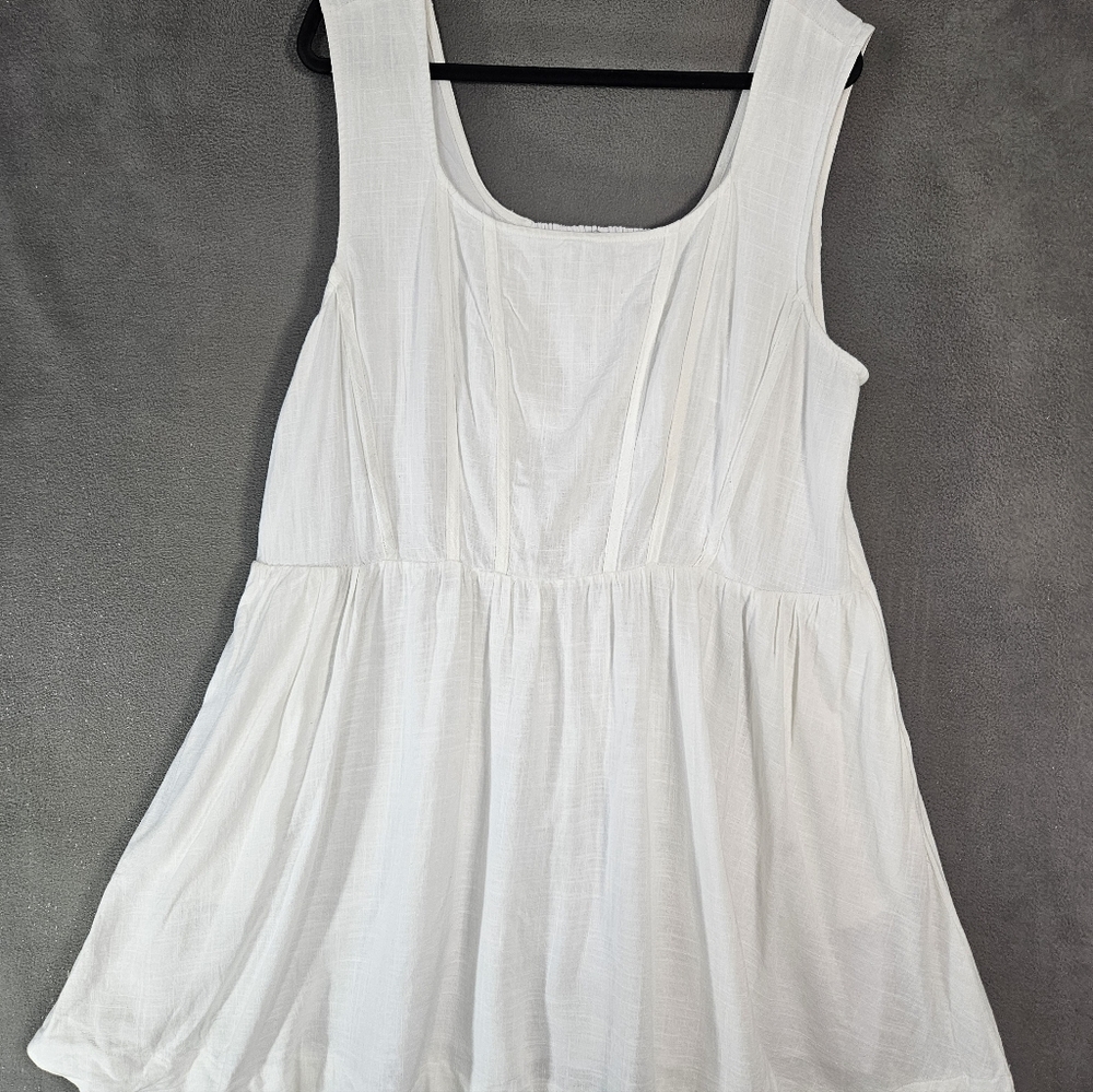 Aureta Plus 2X White Linen Blend Dress Midi Fit Flare Sleeveless Squareneck